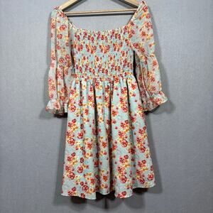 Smocked Floral Y2K Dress M Blue Long Sleeve Soft Glam Romantic Retro Cottagecore